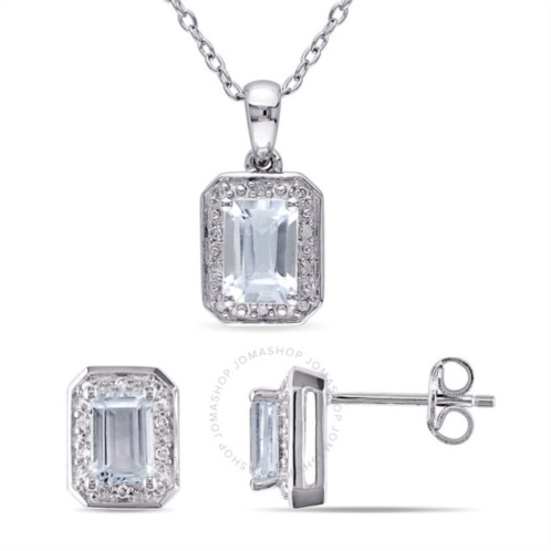 Amour 2 Pc Set Of 1/8 CT TW Diamond and Aquamarine Octagonal Earrings and Pendant with Chain in Sterling Silver
