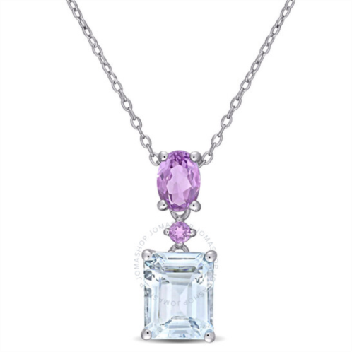 Amour 3 4/5 CT TGW Ice Aquamarine and Amethyst Two-tier Dangle Pendant with Chain In Sterling Silver