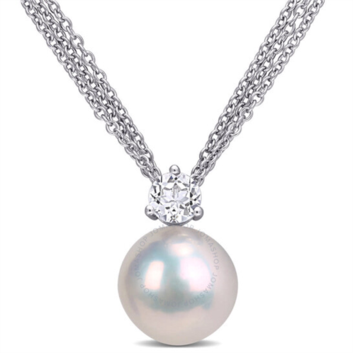 Amour 11-12mm Cultured Freshwater Pearl and 5/8 CT TGW White Topaz Pendant with Chain In Sterling Silver
