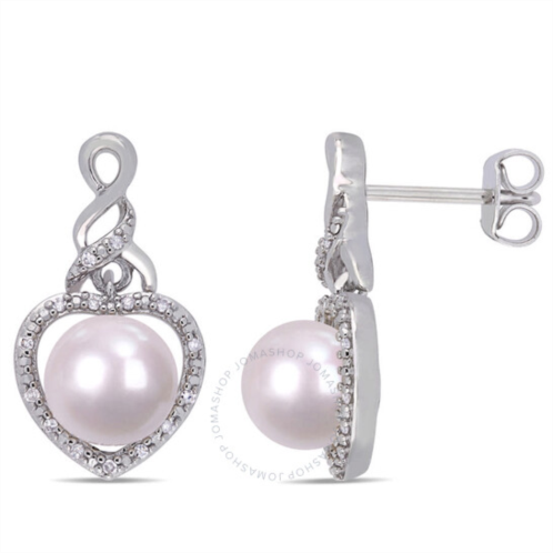Amour 1/10 CT TW Diamond and White Cultured Freshwater Pearl Open Heart Drop Earrings In Sterling Silver