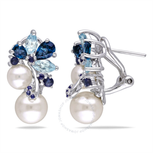 Amour 3 CT TGW London and Sky Blue Topaz, Sapphire and White Cultured Freshwater Pearl Cluster Earrings In Sterling Silver