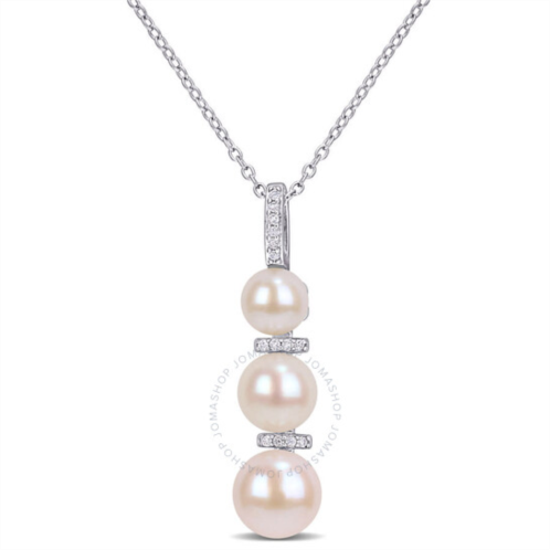 Amour White Cultured Freshwater Pearl and Diamond Drop Pendant with Chain In Sterling Silver