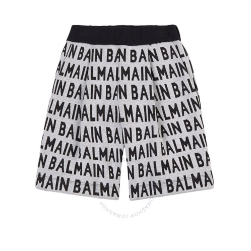 Balmain Kids Beige / Black Logo-print Cotton Shorts, Brand Size 8Y