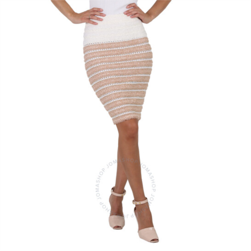 Balmain Ladies White / Beige Two-tone Tweed Midi Skirt, Brand Size 38 (US Size 6)
