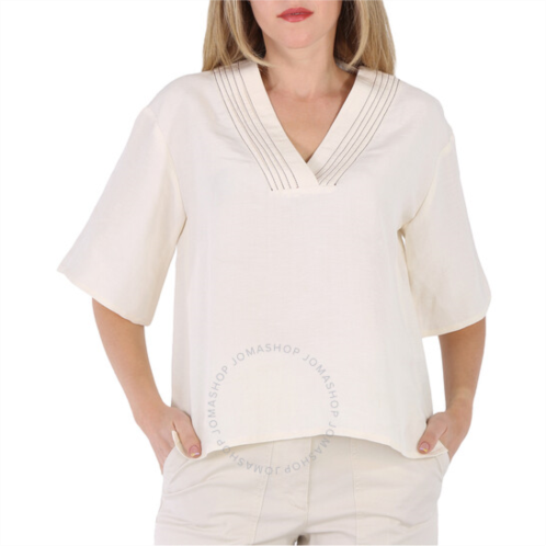Benjamin Benmoyal Ladies Upcycled Silk / Linen V-Neck Short Sleeved Top, Size Medium