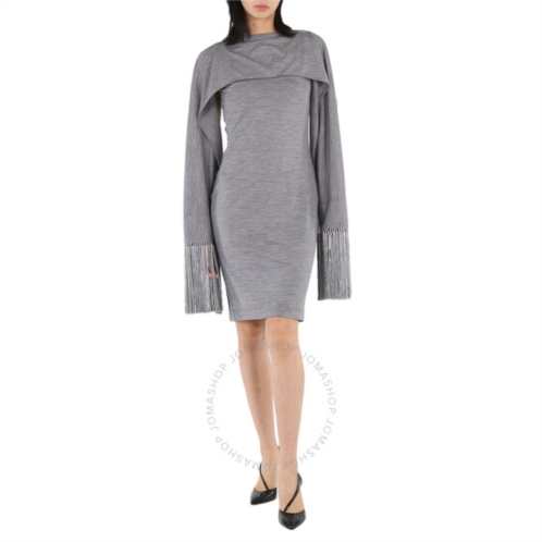 Burberry Cloud Grey Merino Wool Sleeveless Dress With Fringed Capelet, Brand Size 8 (US Size 6)