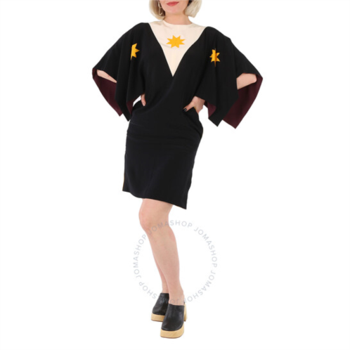 Burberry Ladies Black Geometric Print Silk Crepe De Chine Cape Sleeve Dress, Brand Size 8 (US Size 6)
