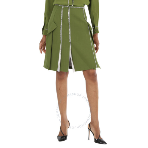 Burberry Ladies Cedar Green Crystal Detail Panelled Wool-Crepe A-Line Skirt, Brand Size 4 (US Size 2)