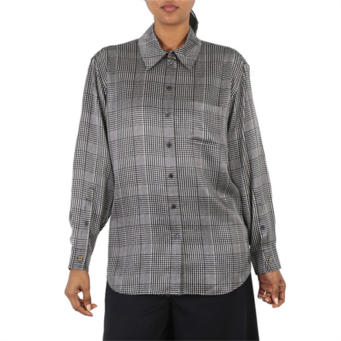 Burberry Ladies Monochrome Carlota Checked Long-Sleeve Silk Shirt, Brand Size 8 (US Size 6)