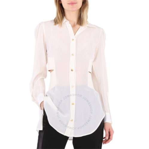 Burberry Ladies Optic White Logo Detail Cut-out Silk Shirt, Brand Size 2 (US Size 0)