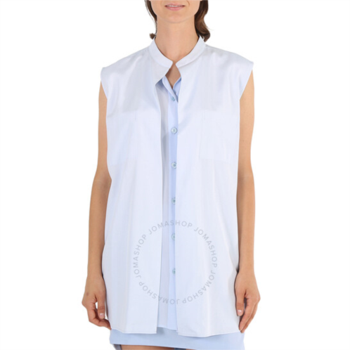 Burberry Ladies Pale Blue Suziesl Logo Detail Sleeveless Silk Crepe De Chine Shirt, Brand Size 2 (US Size 0)