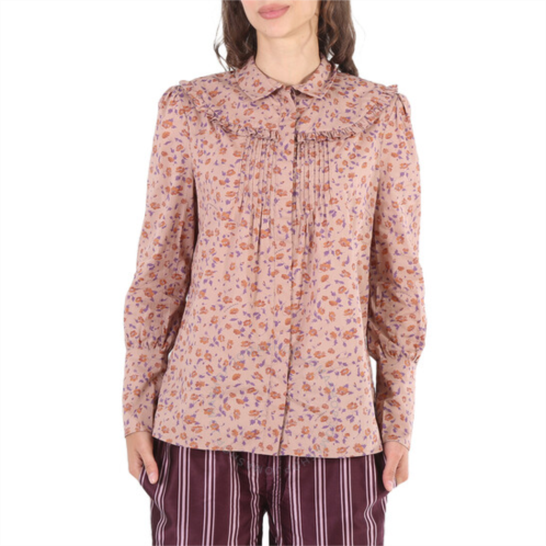 Burberry Ladies Ruffle Yoke Floral Print Cotton Shirt- Light Copper, Brand Size 4 (US Size 2)