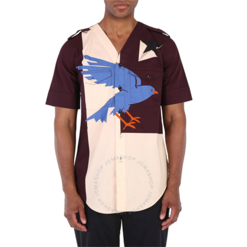 Burberry Mens Deep Maroon Bird Geo Print Short Sleeve Cotton Shirt, Size X-Small