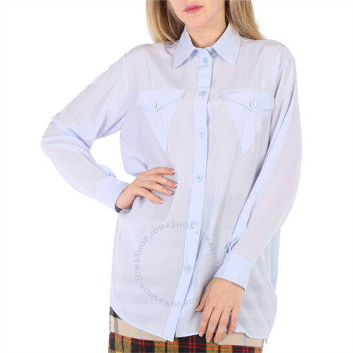 Burberry Pale Blue Irem Silk Crepe De Chine Logo Detail Oversized Shirt, Brand Size 2 (US Size 0)
