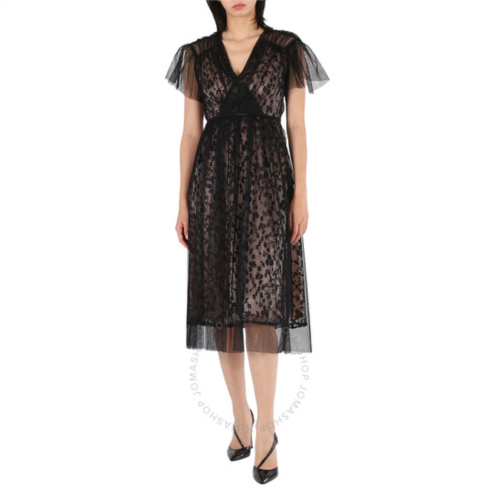 Burberry Ruffled Hem Embroidered Tulle Dress In Black, Brand Size 10 (US Size 8)