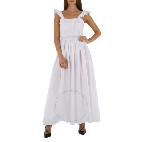 Chloe Ladies White Long Sleeveless Dress With Ruches And Ruffles, Brand Size 34 (US Size 2)