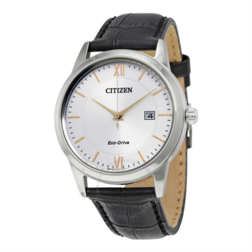 Citizen Eco-Drive Silver Dial Black Leather Mens Watch