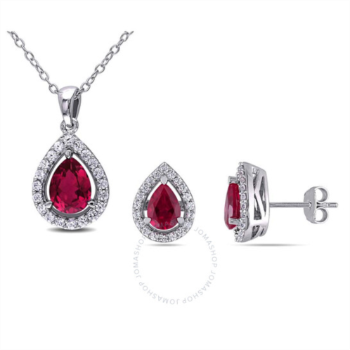 Amour 4 7/8 CT TGW Created Ruby and Created White Sapphire Teardrop Halo Pendant with Chain and Stud Earrings 2-piece Set In Sterling Silver