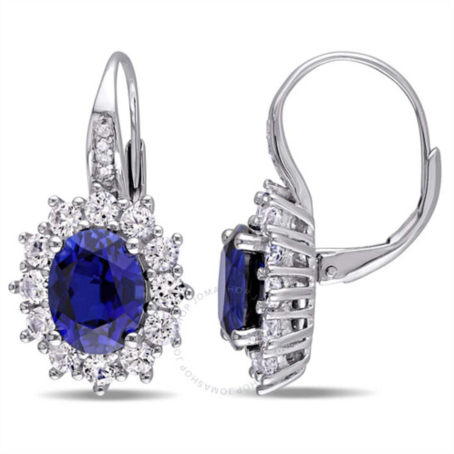 Amour Halo Diamond and 8.06 CT TGW Created Blue and White Sapphire Leverback Earrings In Sterling Silver