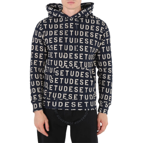Etudes Mens Navy Stencil Allover Logo-Pront Hoodie, Size X-Small