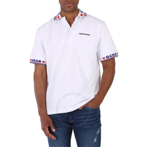 Gcds Mens White Tape Logo Cotton Polo Shirt, Size X-Small