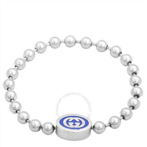 Gucci Interlocking G Boule Chain Sterling Silver Blue Enamel Bracelet, Size 18