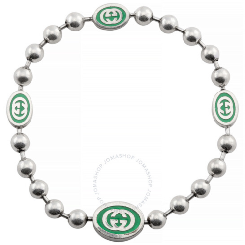 Gucci Ladies Interlocking G Green Enamel Silver Boule Chain Bracelet, Size 18
