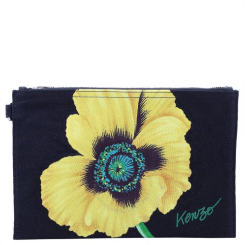Kenzo Navy Blue Poppy Floral Printed Zipped Large Clutch Bag