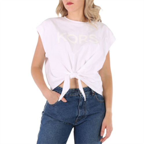 Michael Kors Ladies White Logo Waist-Tied Organic Cotton Top, Size Small
