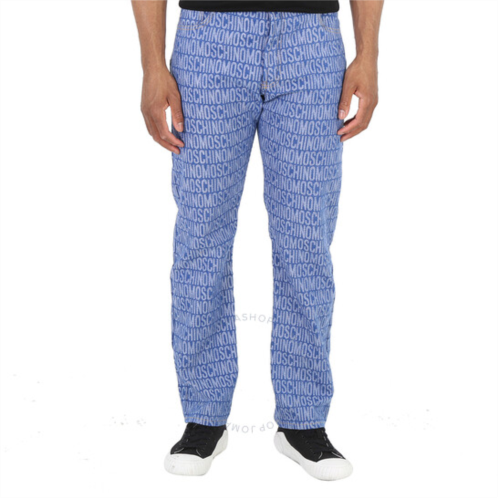Moschino Fantasy Print Blue All-Over Logo Jacquard Denim Jeans, Brand Size 46 (US Size 30)