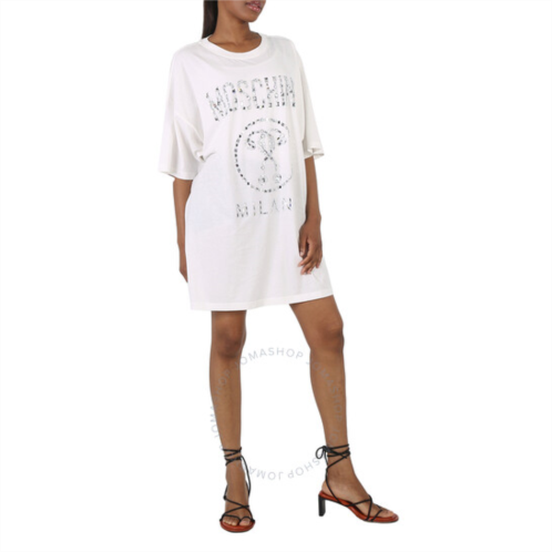 Moschino Ladies White Cotton Crystal Logo Shirt Dress, Brand Size 42 (US Size 8)