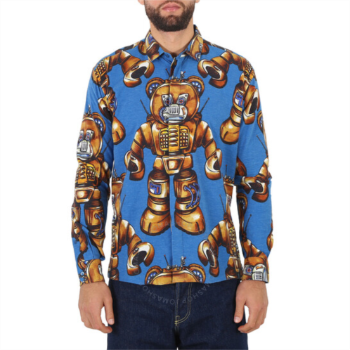 Moschino Mens Fantasy Print Blue Teddy Robot Woven Shirt, Brand Size 40 (Neck Size 15.75)