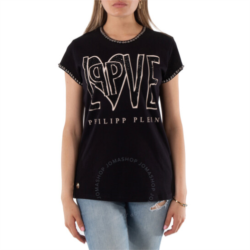 Philipp Plein Ladies Love Crystal Logo Cotton T-shirt, Size Large