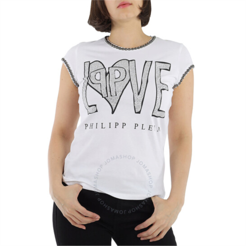 Philipp Plein Ladies White/Multi Love Crystal Logo Cotton T-shirt, Brand Size X-Small