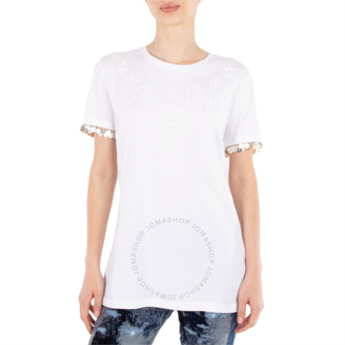 Roberto Cavalli Ladies Optical White Floral Embroidered Cotton T-shirt, Size Large