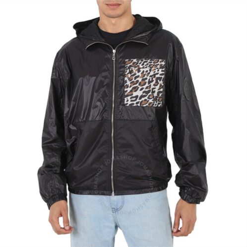 Roberto Cavalli Mens Black Lightweight Leopard Pocket Windbreaker Jacket, Brand Size 50 (US Size 40)