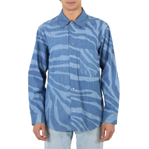 Roberto Cavalli Mens Dark Blue Macro Zebra-print Denim Shirt, Brand Size 52 (US Size 42)