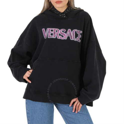 Versace Logo Print Studded Fleece Hoodie, Brand Size 38 (US Size 2)