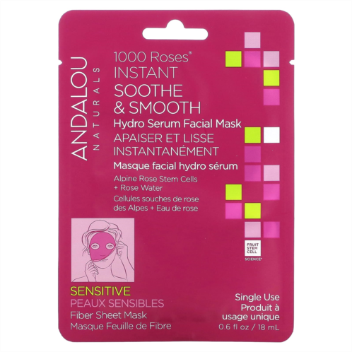 Andalou Naturals Instant Soothe & Smooth Hydro Serum Beauty Facial Mask 1000 Roses 1 Fiber Sheet 0.6 fl oz (18 ml)