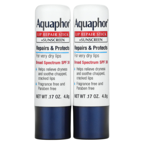 Aquaphor Lip Repair Stick + Sunscreen SPF 30 Fragrance Free Dual Pack 2 Sticks 0.17 oz (4.8 g) Each
