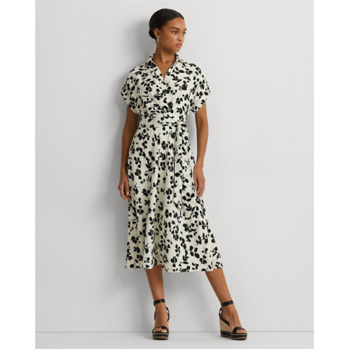 Lauren Petite Leaf-Print Belted Crepe Dress