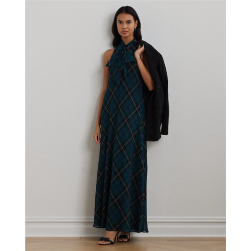 Polo Ralph Lauren Plaid Crinkle Georgette Tie-Neck Gown