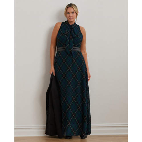 Polo Ralph Lauren Plaid Crinkle Georgette Tie-Neck Gown