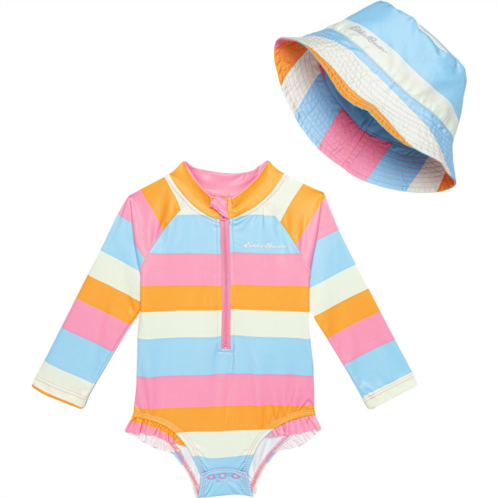 Eddie Bauer Infant Girls Rashguard One-Piece Swimsuit with Hat Set - UPF 30, Long Sleeve