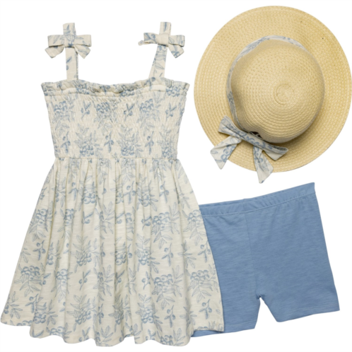Rabbit + Bear Organic Little Girls Sundress, Bike Shorts and Straw Hat Set - 3-Piece, Sleeveless