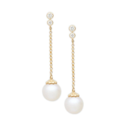 Effy 8MM White Round Freshwater Pearl 14K Yellow Gold & Diamond Linear Drop Earrings