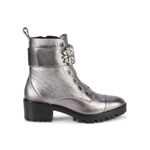 Karl Lagerfeld Paris Pippa Jeweled Strap Metallic-Leather Lug Boots
