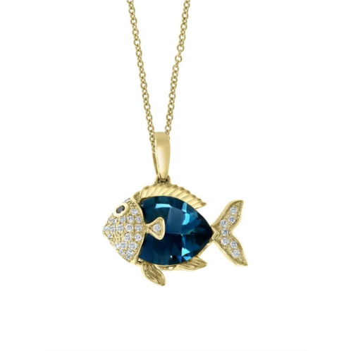 Effy 14K Yellow Gold, London Blue Topaz, White & Black Diamond Fish Pendant Necklace