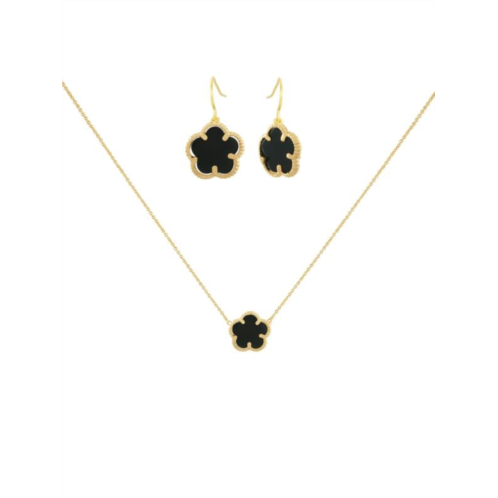 JanKuo Flower 2-Piece 14K Goldplated & Onyx Drop Earrings & Pendant Necklace Set