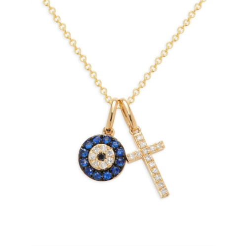 Effy ?14K Yellow Gold, Diamonds, Sapphire Evil Eye & Cross Pendant Necklace